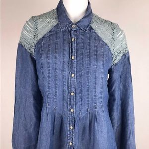 Free People Denim Button Shirt 10 Crochet Lace
